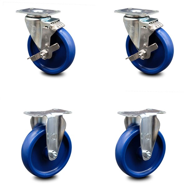 5 Inch Solid Polyurethane Swivel Top Plate Caster Set with 2 Brake 2 Rigid SCC